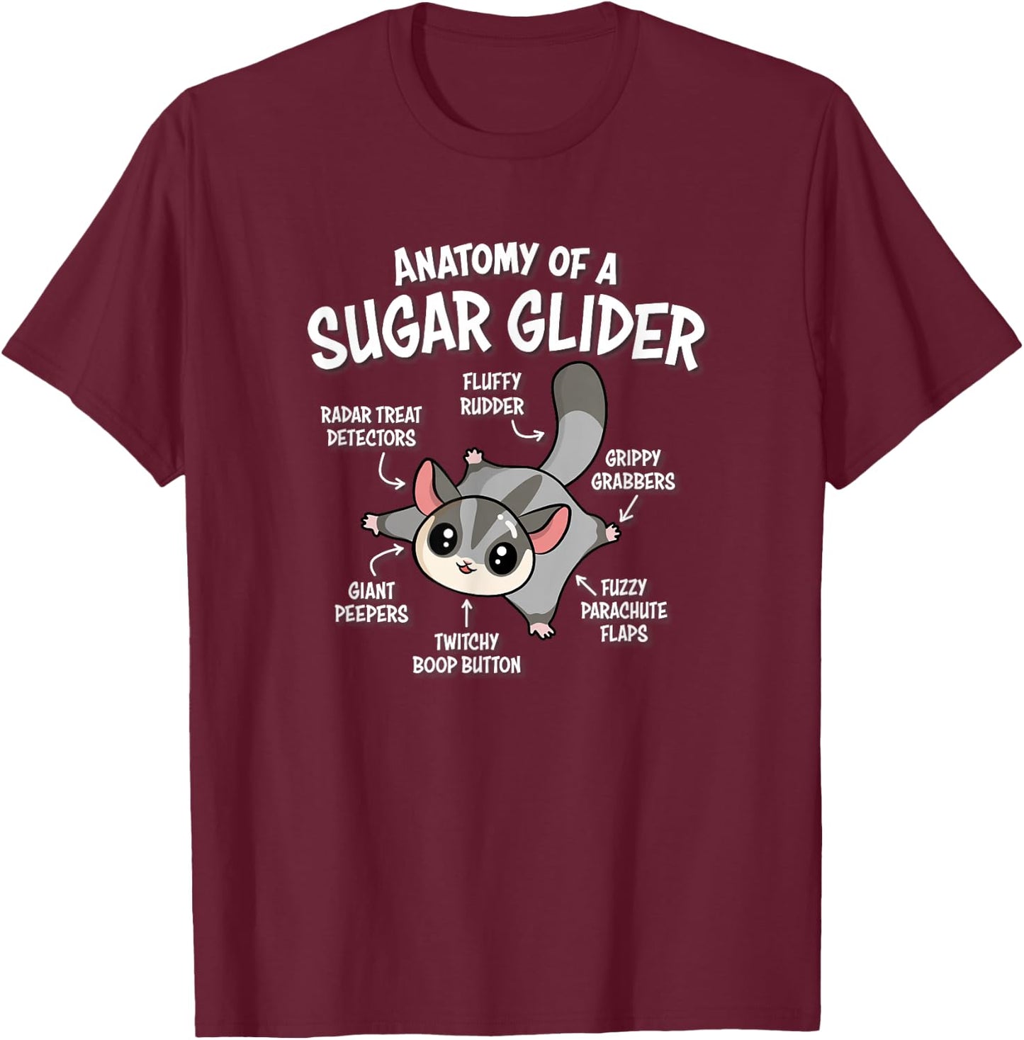 Kids Cute Anatomy Of A Sugar Glider Lover T-Shirt - T-Shirt | Maroon