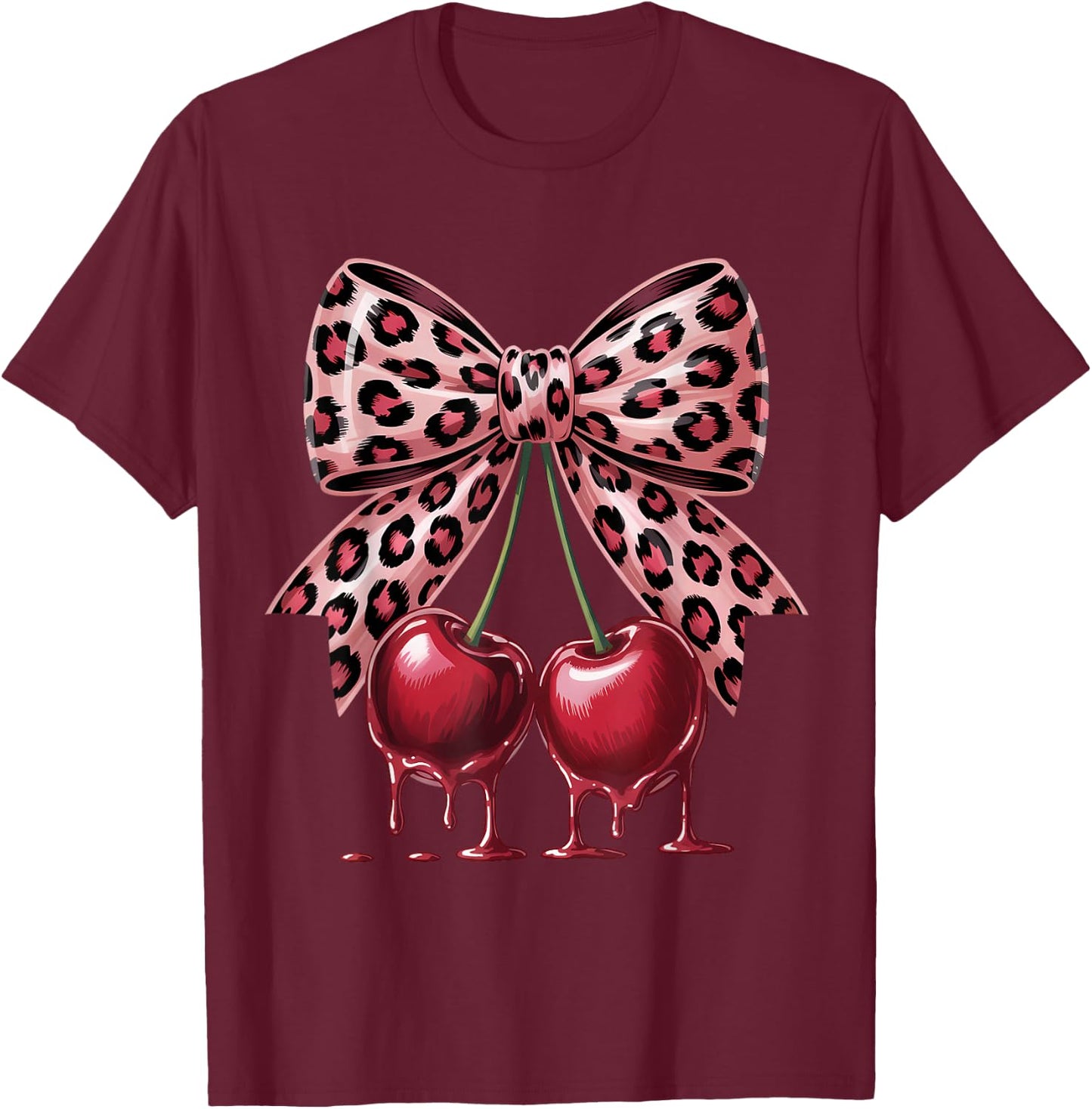 Cherry Leopard Coquette Bow Cute Cherries T-Shirt - T-Shirt | Maroon