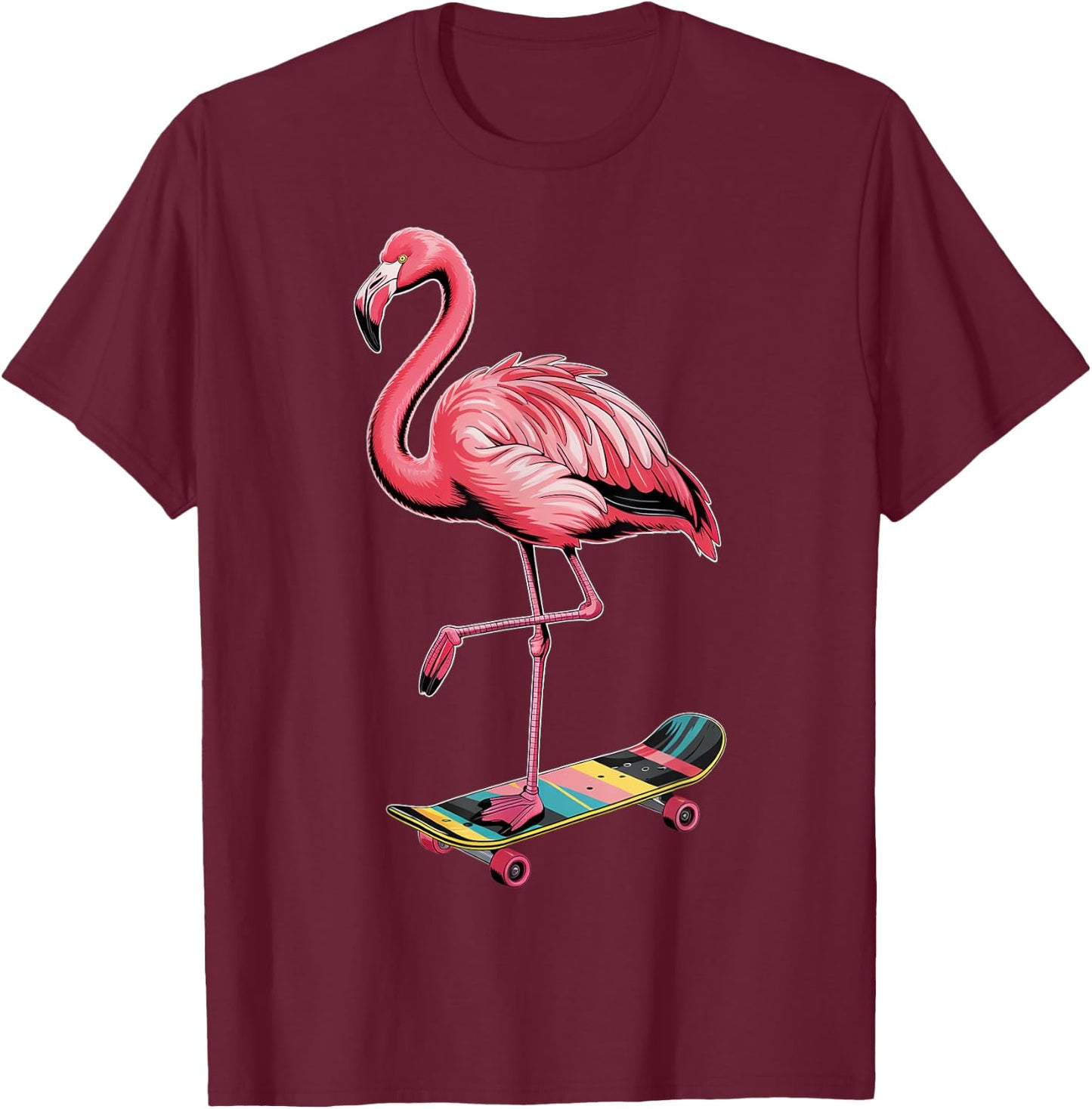 Stylish Flamingo Skateboard Enthusiast T-Shirt - T-Shirt | Maroon