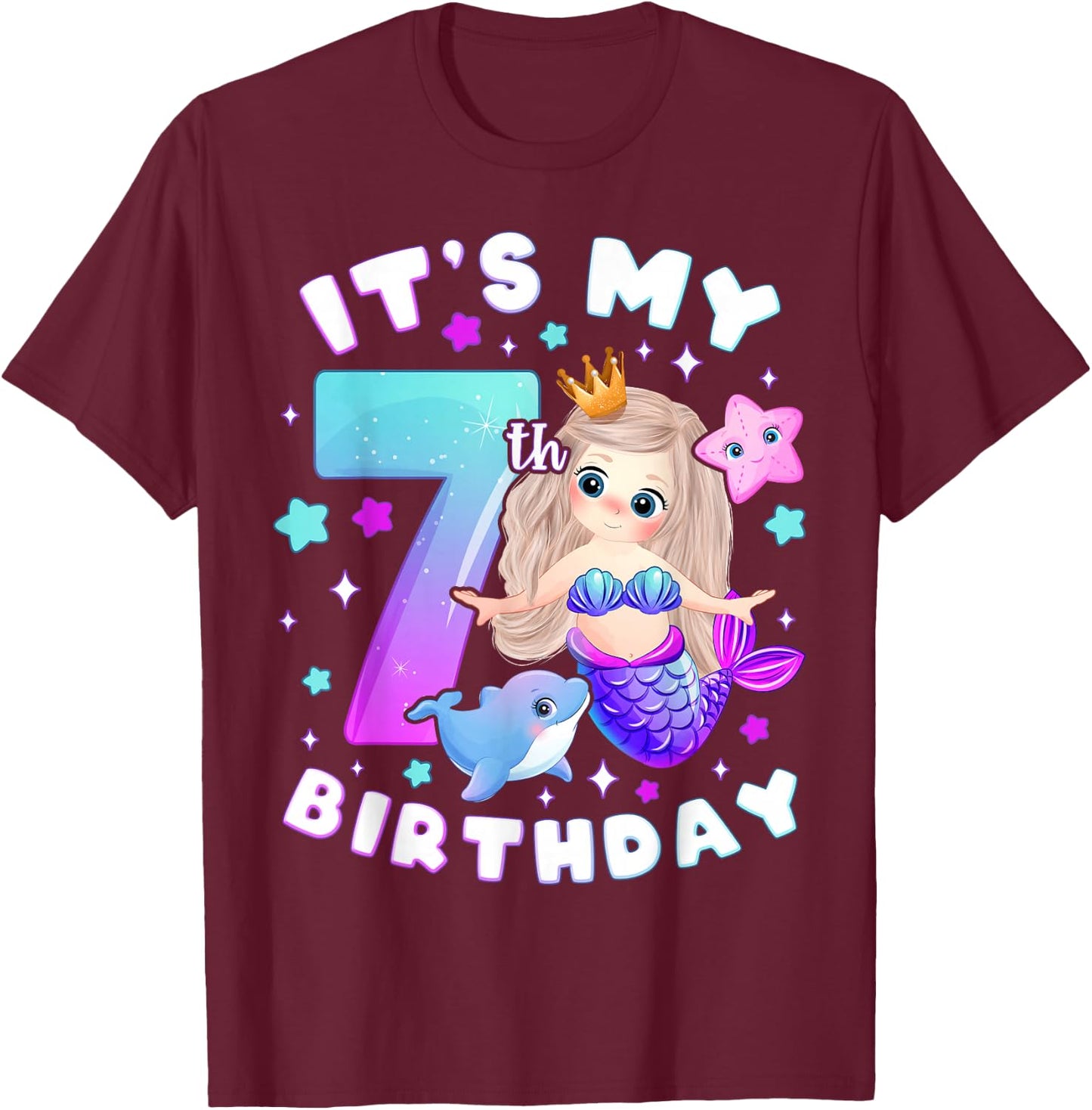 7th Birthday Girl 7 Years Mermaid Number 7 T-Shirt - T-Shirt | Maroon