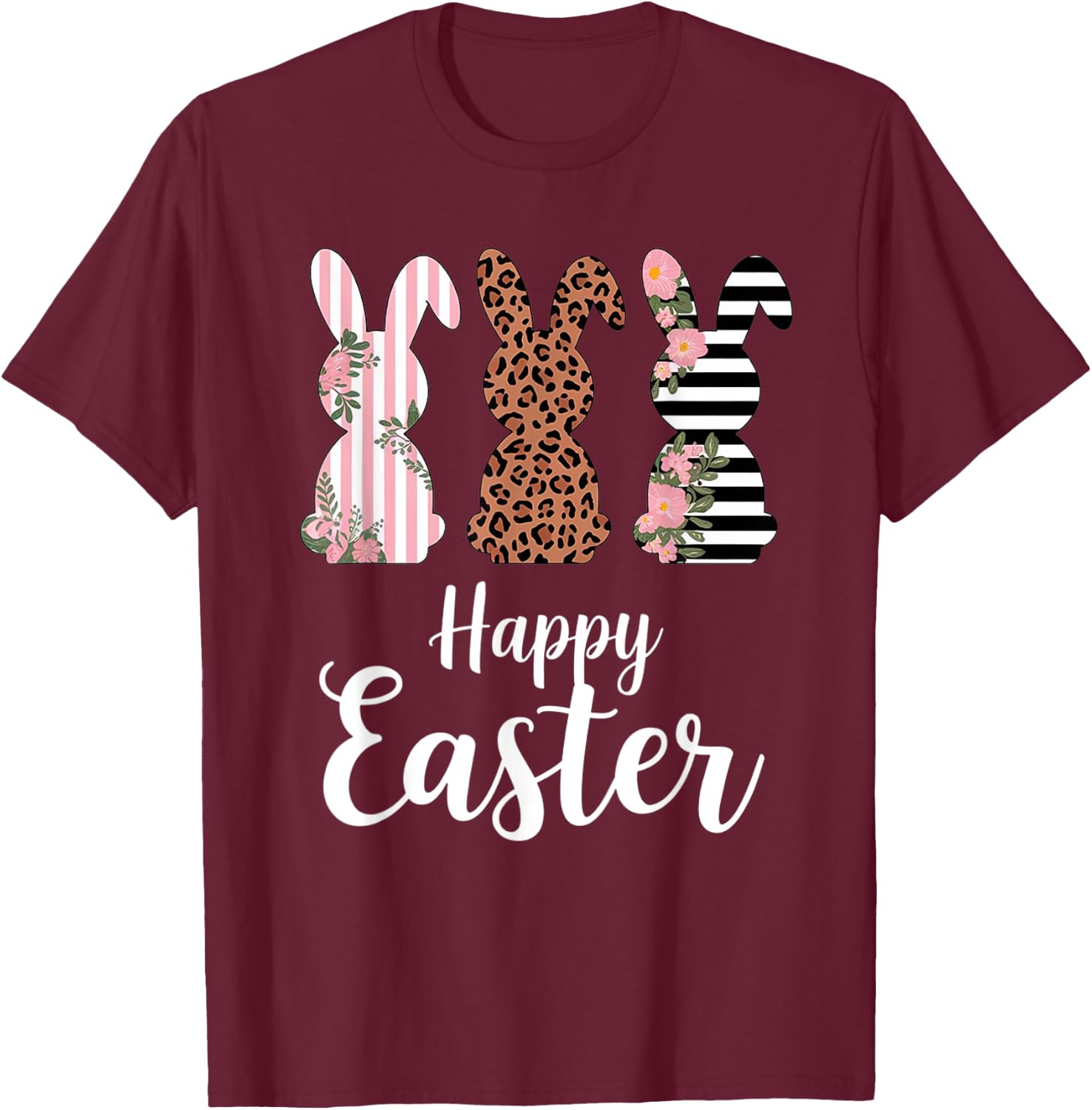 Happy easter Bunny Cute Pink Leopard Plaid Flower Bunny T-Shirt - T-Shirt | Maroon