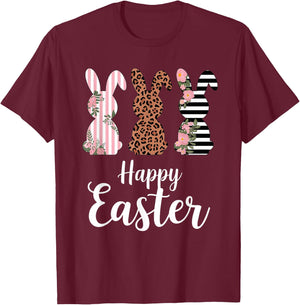 Happy easter Bunny Cute Pink Leopard Plaid Flower Bunny T-Shirt - T-Shirt | Maroon