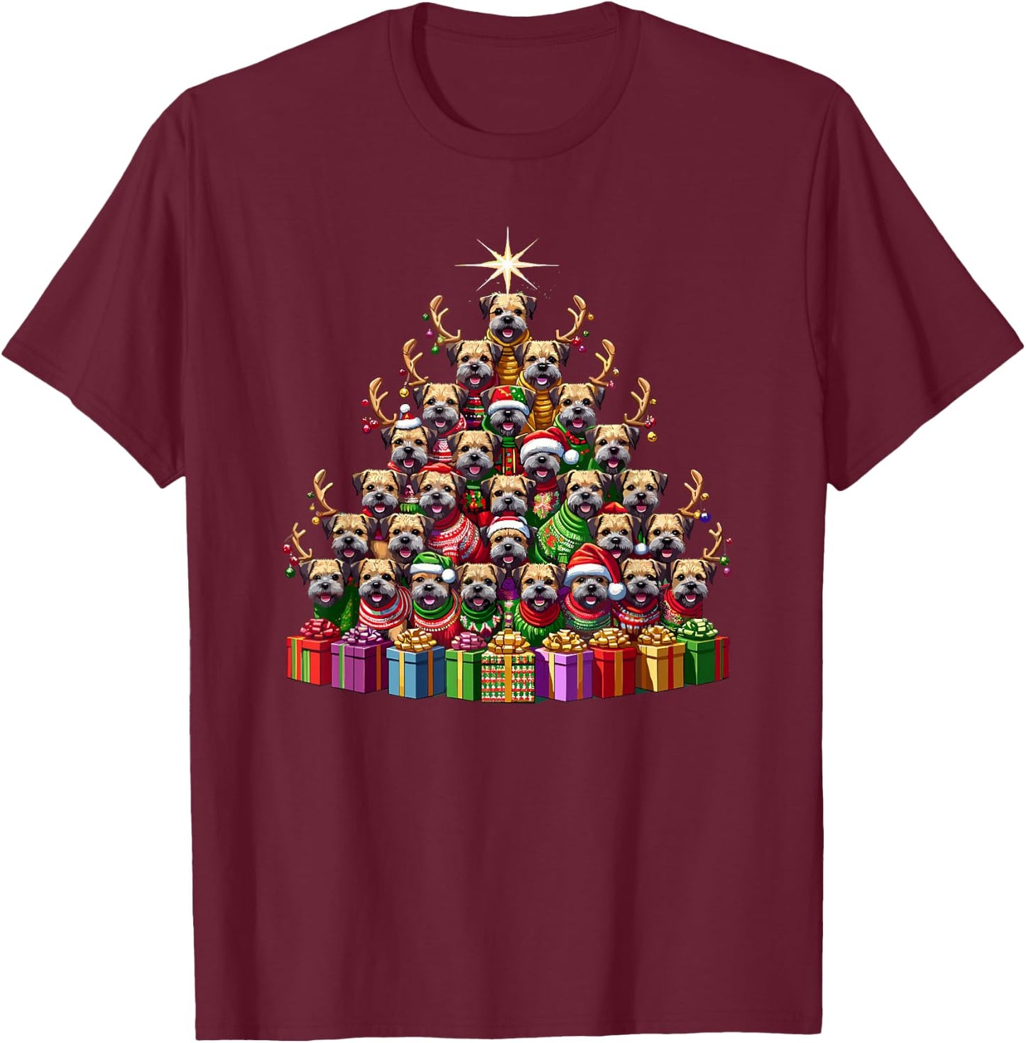 Christmas Tree Border Terrier Border Terriers T-Shirt - T-Shirt | Maroon