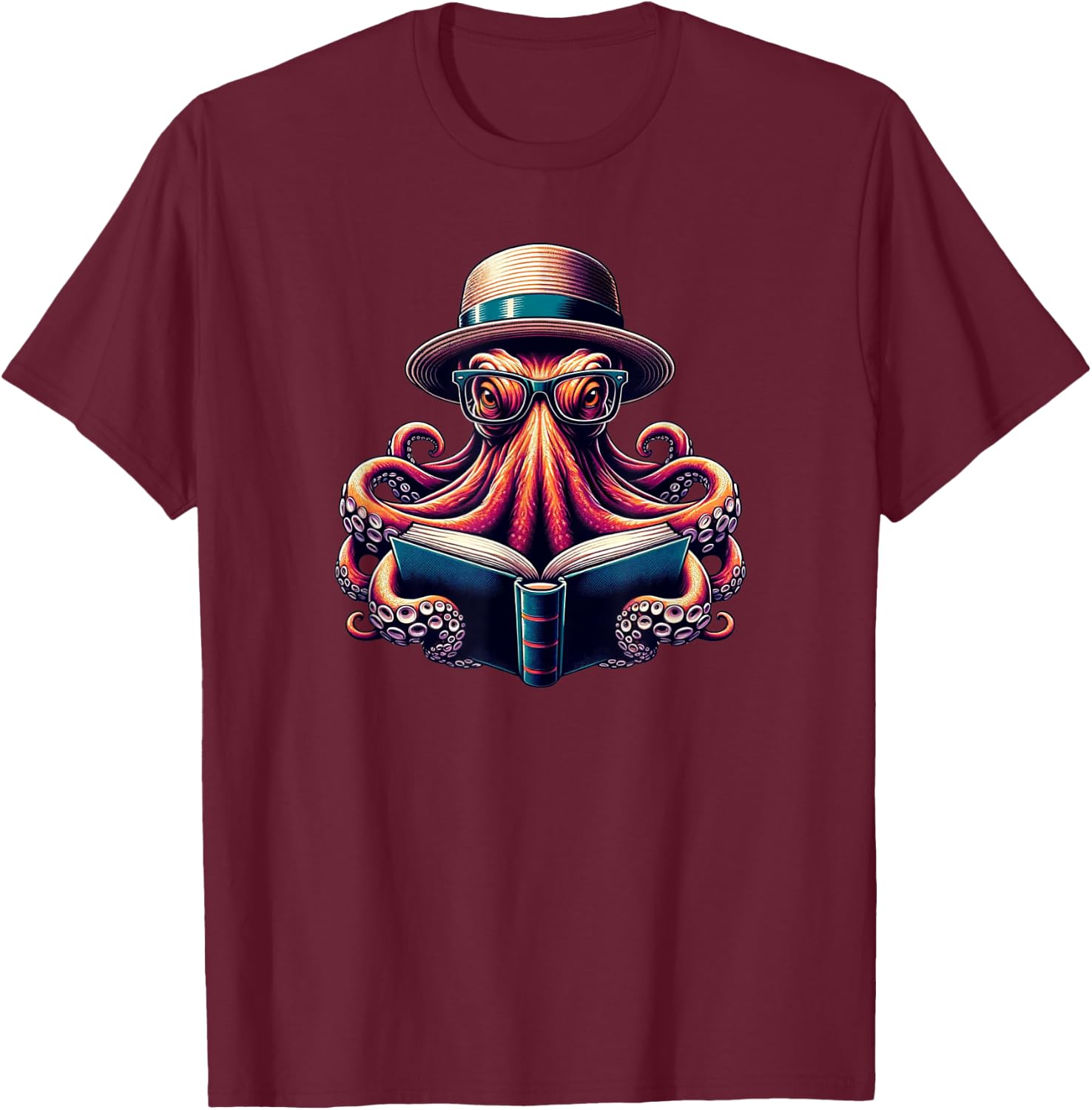 Funny Octopus Reading Book, Kraken Bookworm T-Shirt - T-Shirt | Maroon
