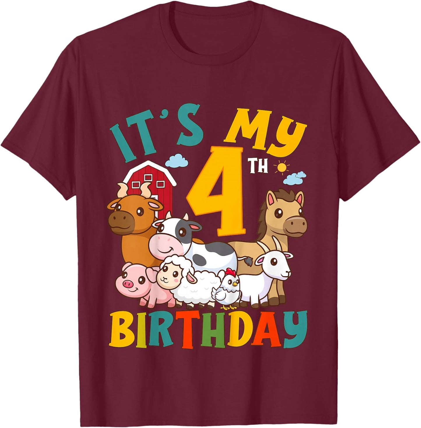 It's My 4th Birthday 4 Years Old Farm Animals Theme Kids T-Shirt - T-Shirt | Maroon