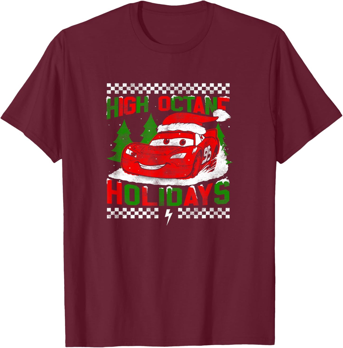 Disney Pixar Christmas Cars Lightning High Octane Holidays T-Shirt - T-Shirt | Maroon