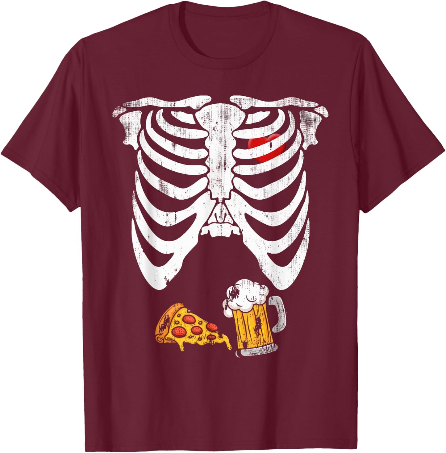 Skeleton Pregnancy B.eer Pizza X-Ray Halloween Costume T-Shirt - T-Shirt | Maroon