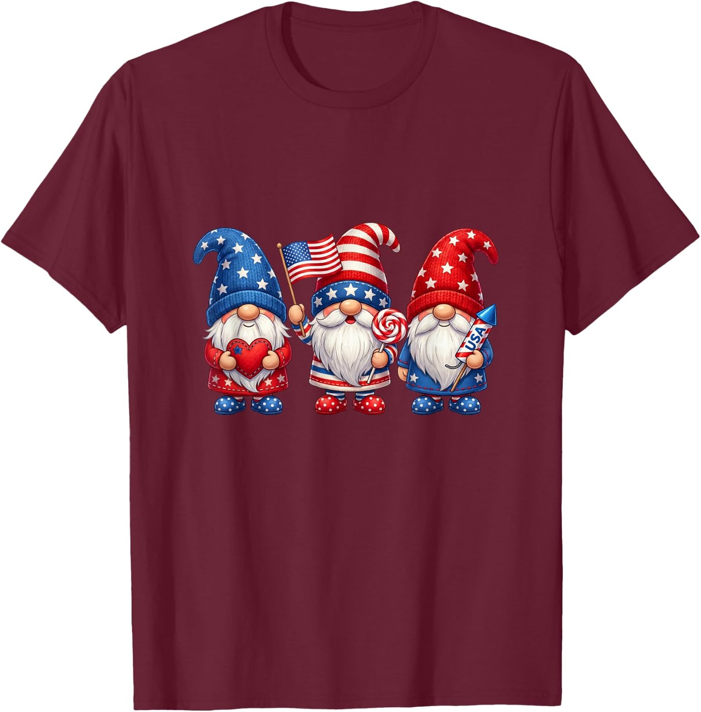 Patriotic Gnomes 4th of July Funny Gnome USA American Flag T-Shirt - T-Shirt | Maroon
