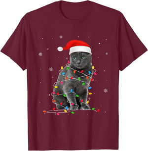 Funny Russian Blue Christmas Light Cat Dad Cat Mom Women Kids T-Shirt - T-Shirt | Maroon