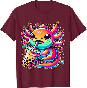Axolotl drinking Boba Tea Bubble Tea Kawaii T-Shirt - T-Shirt | Maroon