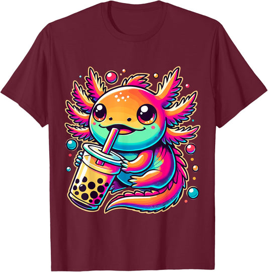 Axolotl drinking Boba Tea Bubble Tea Kawaii T-Shirt - T-Shirt | Maroon