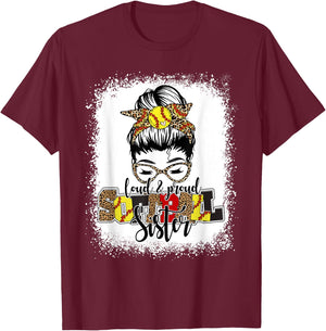 Bleached Softball Sister Leopard Messy Bun Funny Mothers Day T-Shirt - T-Shirt | Maroon