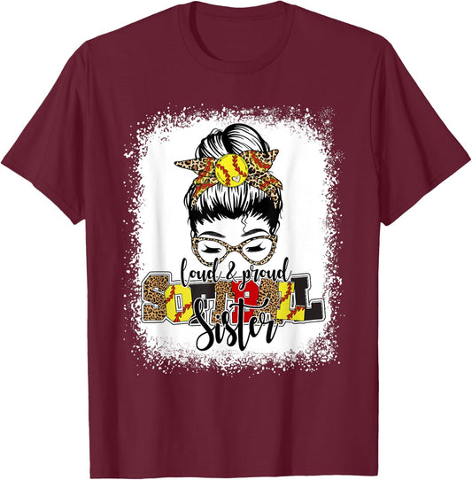 Bleached Softball Sister Leopard Messy Bun Funny Mothers Day T-Shirt - T-Shirt | Maroon
