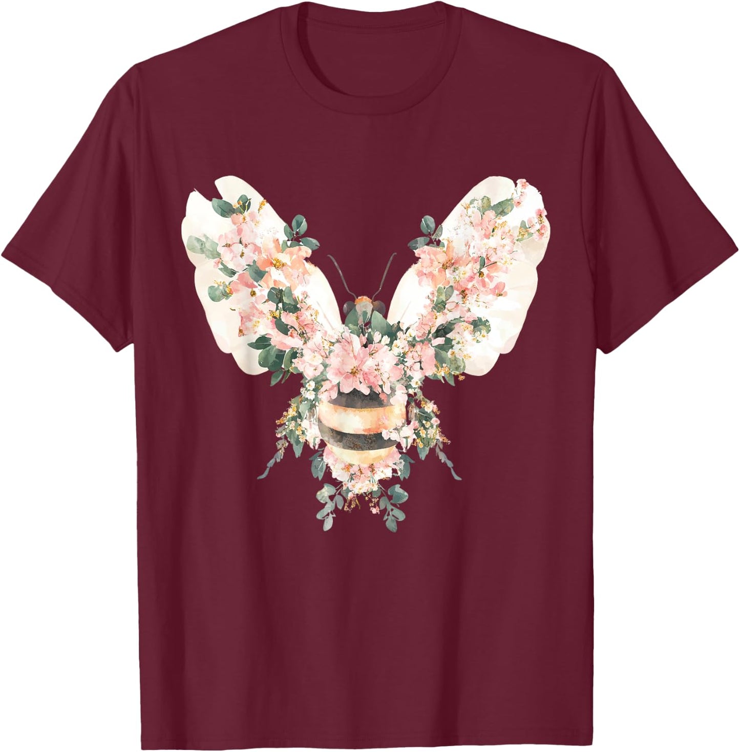 Floral Spring Women Flower Bee T-Shirt - T-Shirt | Maroon