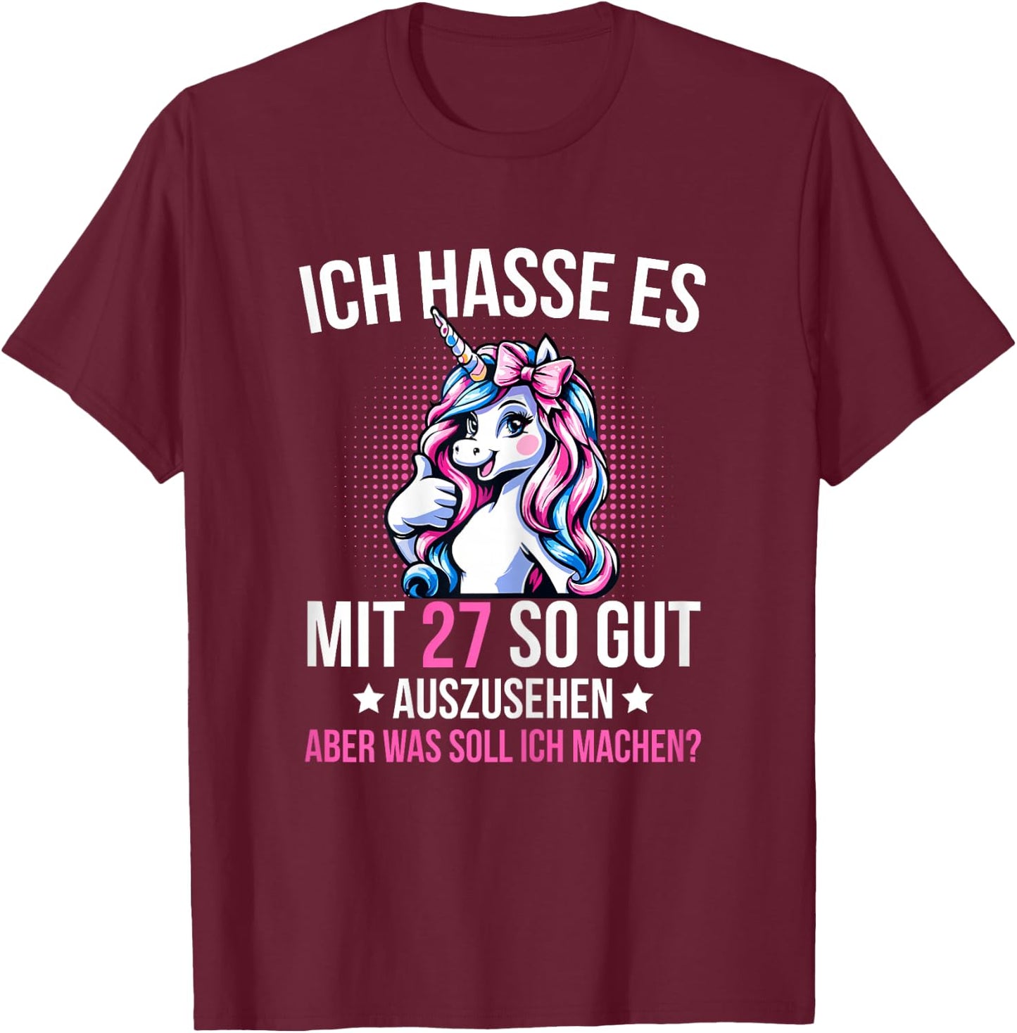 27th Birthday Woman 27 Years Unicorn Decorative , black T-Shirt - T-Shirt | Maroon