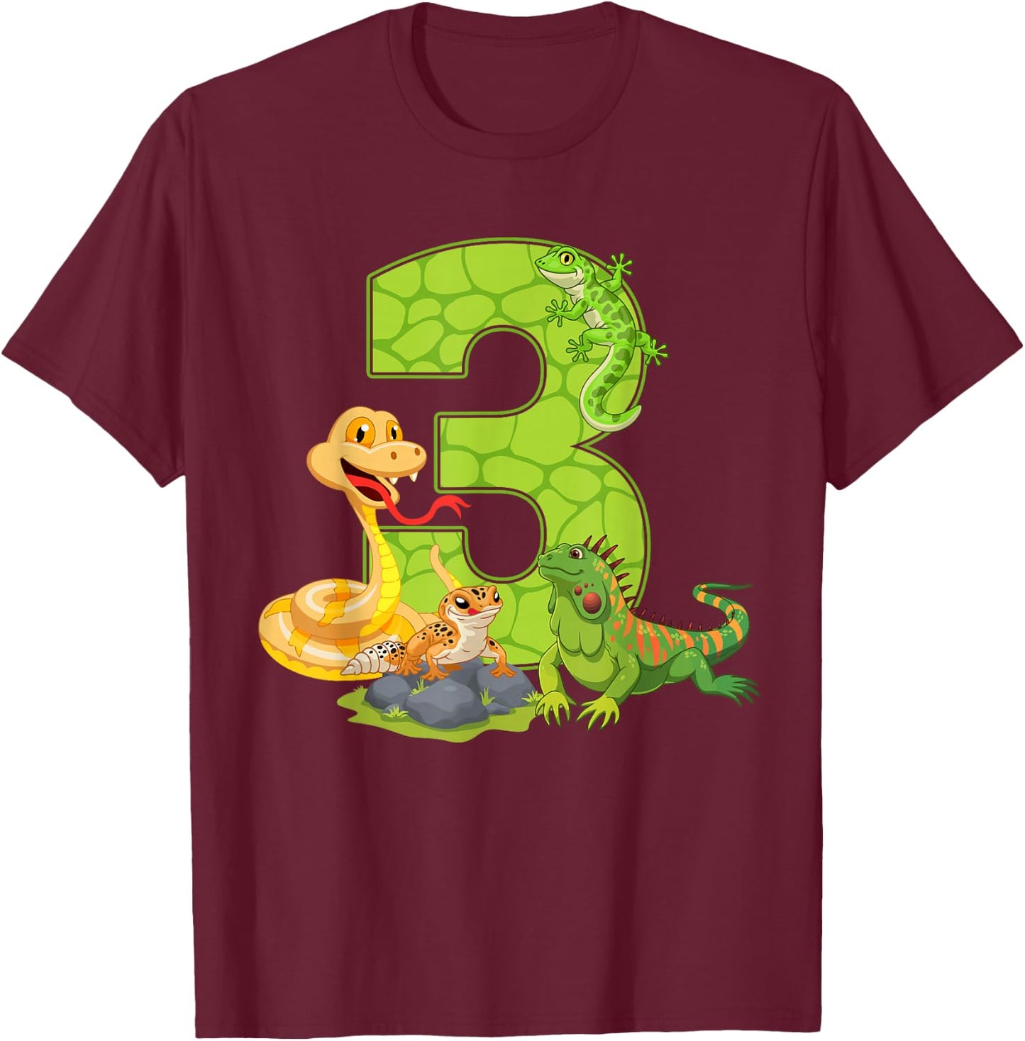 3rd Birthday Snake Lizard Reptile 3 Year Old Birthday Party T-Shirt - T-Shirt | Maroon