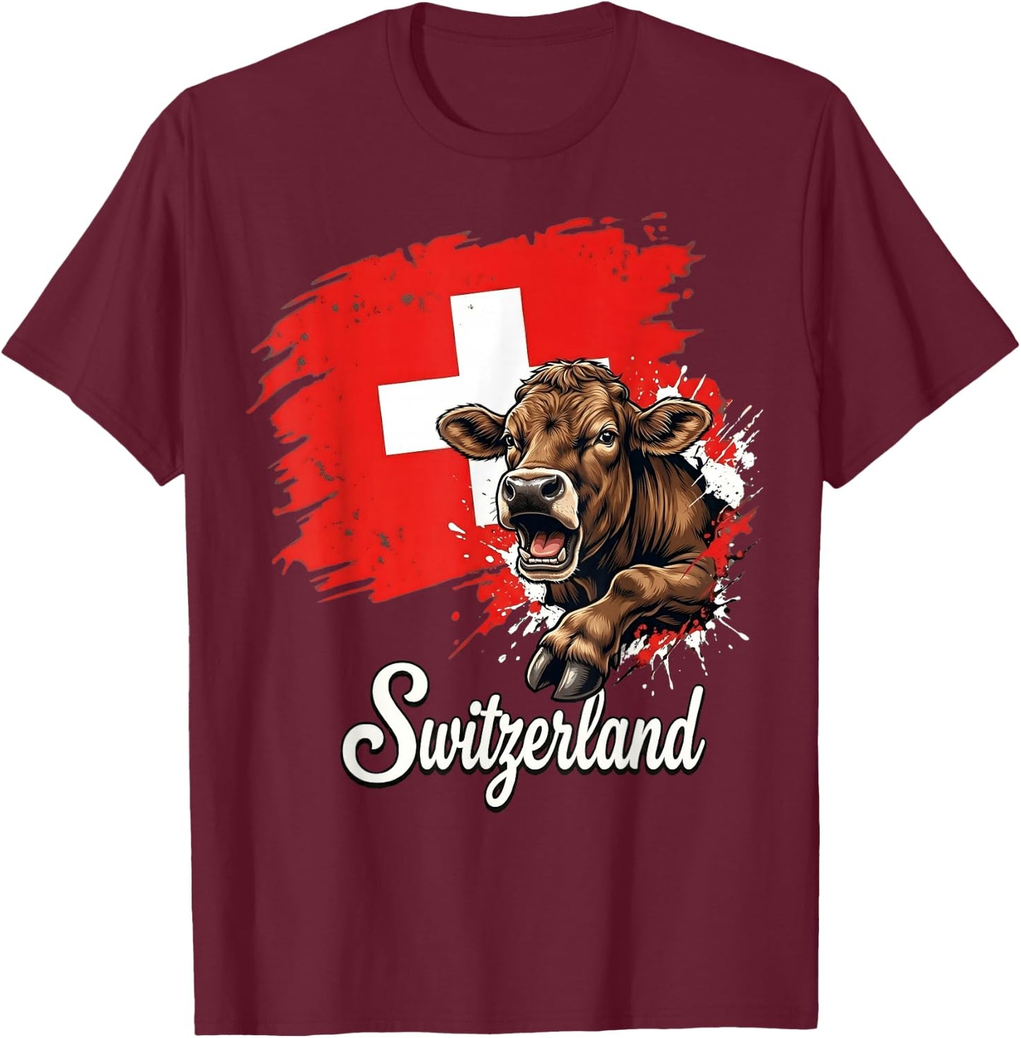 Swiss Cow Flag Switzerland Patriotic Design T-Shirt - T-Shirt | Maroon