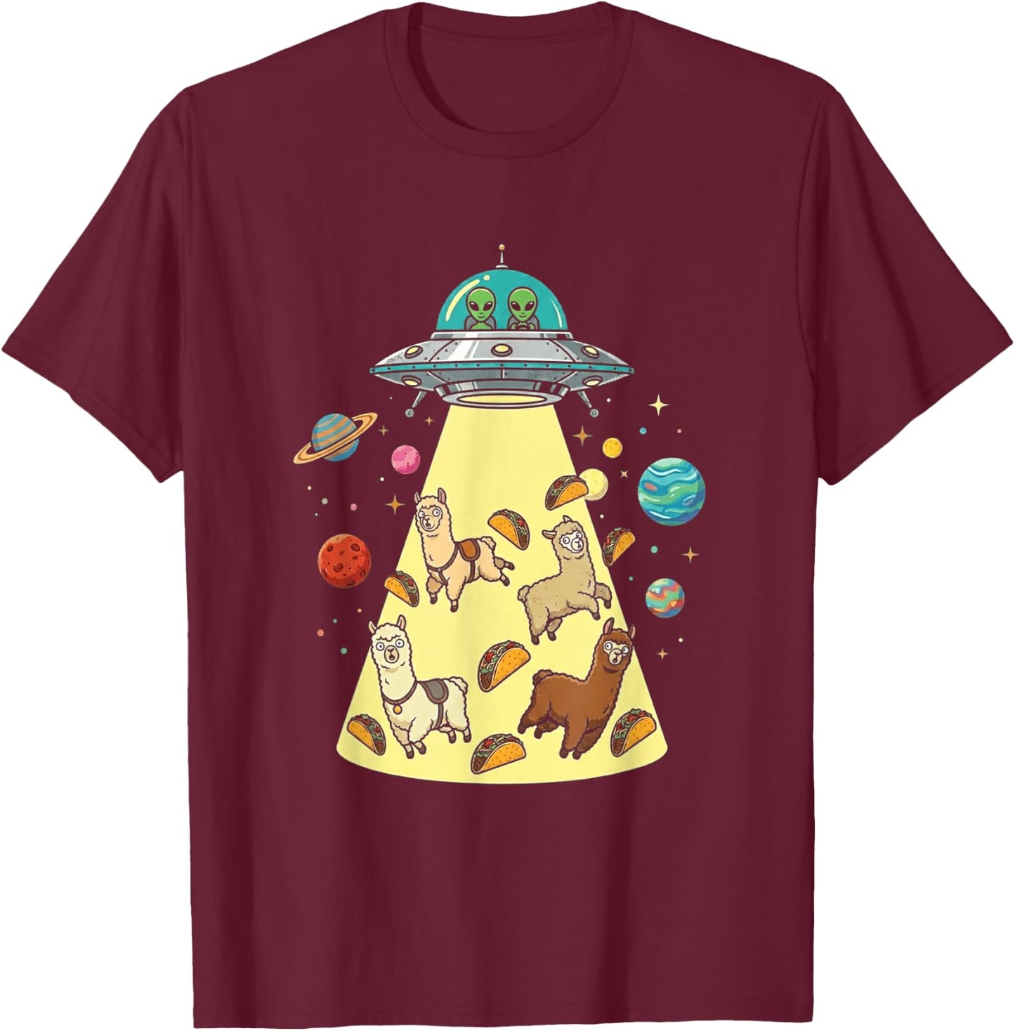Funny Llama UFO Taco Alien Abduction Space Food T-Shirt - T-Shirt | Maroon