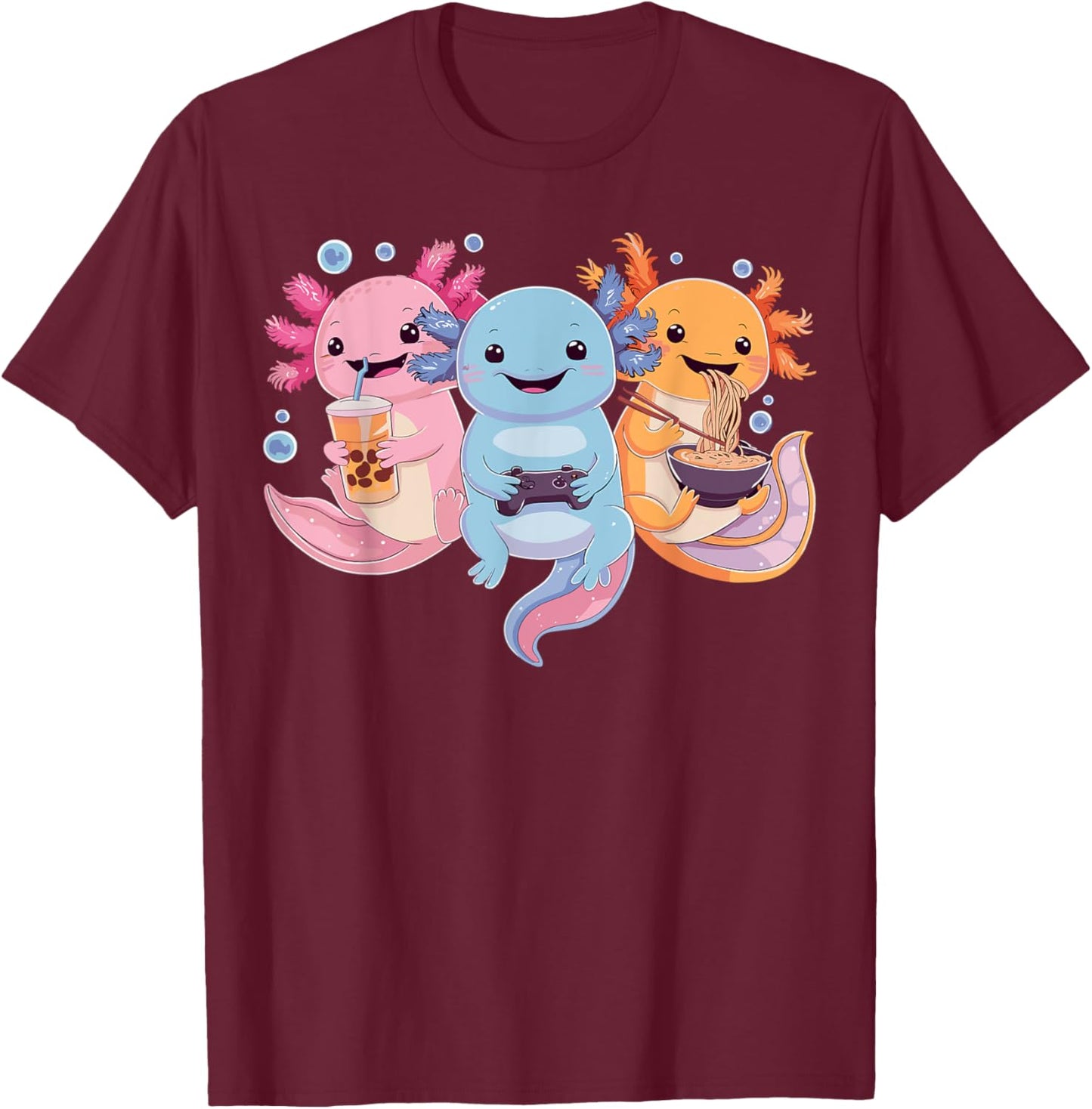Axolotl Boba Tea Bubble Tea Axolotl Gaming Ramen Axolotl , Small, Black T-Shirt - T-Shirt | Maroon