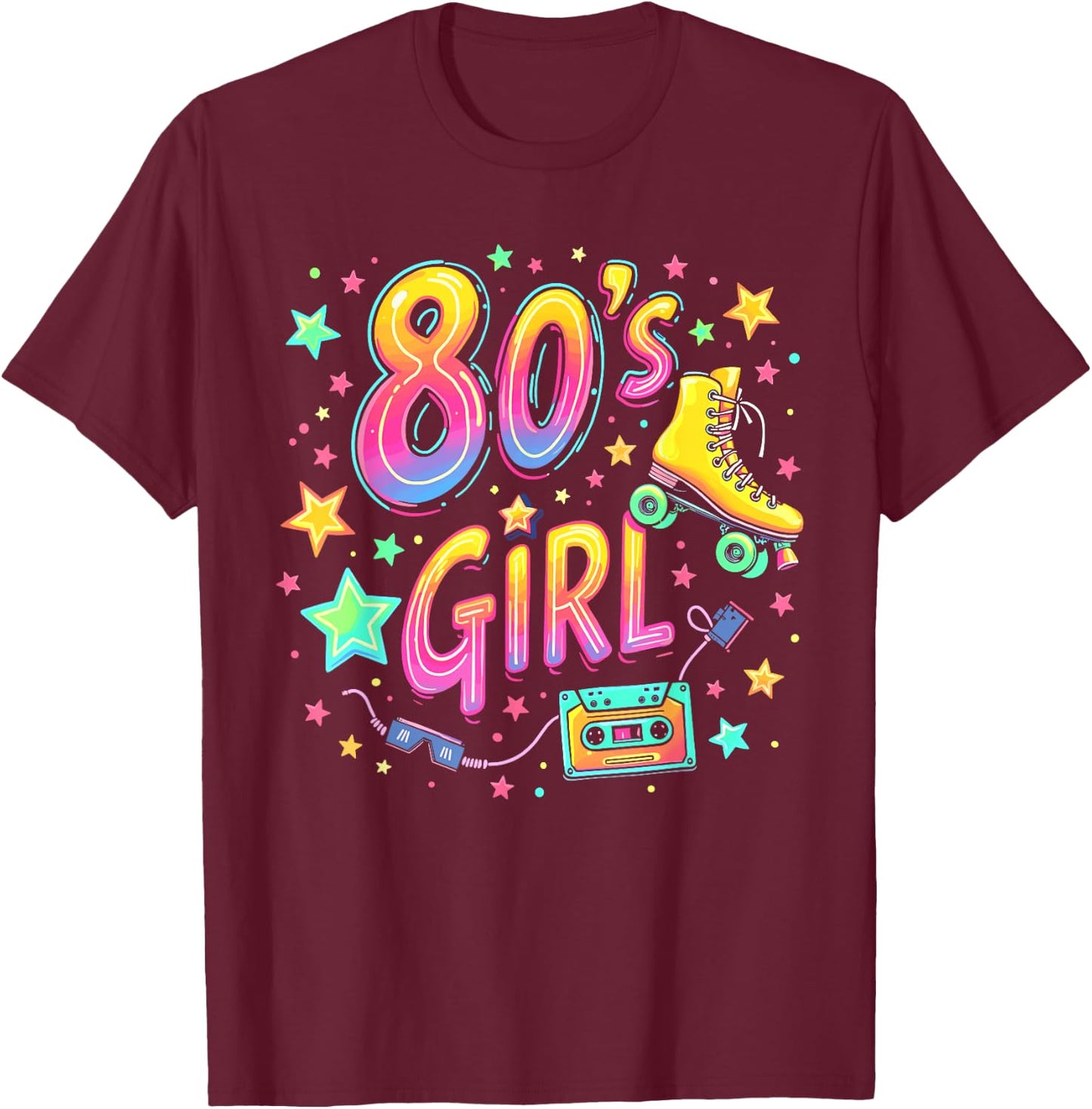 Girls 80s Retro Roller Skates , Black, S T-Shirt - T-Shirt | Maroon