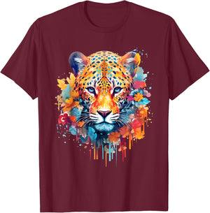 Jaguar Face Big Cat Lover Print Splash Art Graphic Design T-Shirt - T-Shirt | Maroon