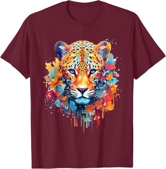 Jaguar Face Big Cat Lover Print Splash Art Graphic Design T-Shirt - T-Shirt | Maroon