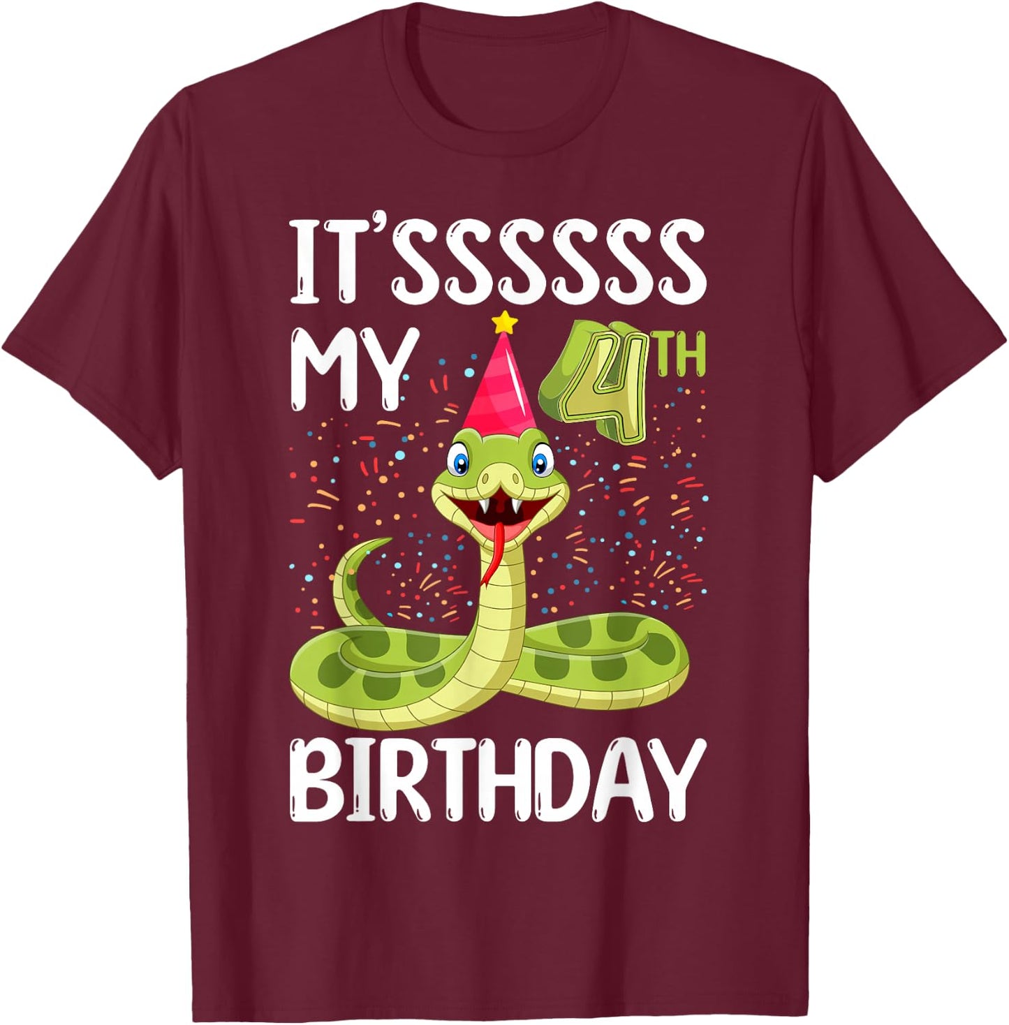 4th Birthday snake Party 4 Year Old snake lover B-day T-Shirt - T-Shirt | Maroon