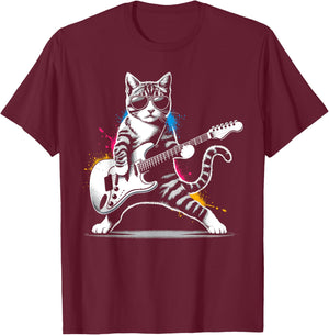 Guitar Cat Novelty Rock Music Band Concert Funny Cat Women Girls Kids T-Shirt - T-Shirt | Maroon