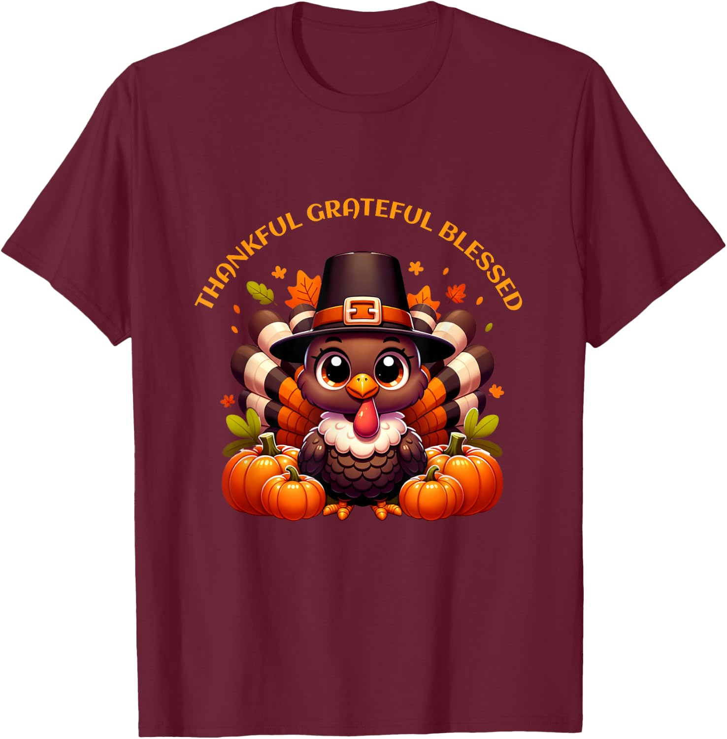 Thankful Grateful Blessed Cute Turkey Thanksgiving For Kids T-Shirt - T-Shirt | Maroon