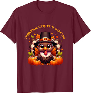 Thankful Grateful Blessed Cute Turkey Thanksgiving For Kids T-Shirt - T-Shirt | Maroon