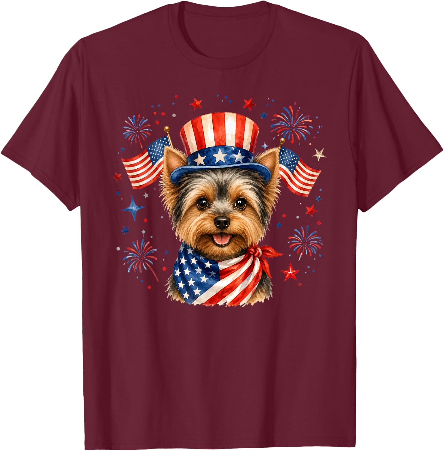 Patriotic Yorkie Dog 4th of July American Flag T-Shirt - T-Shirt | Maroon
