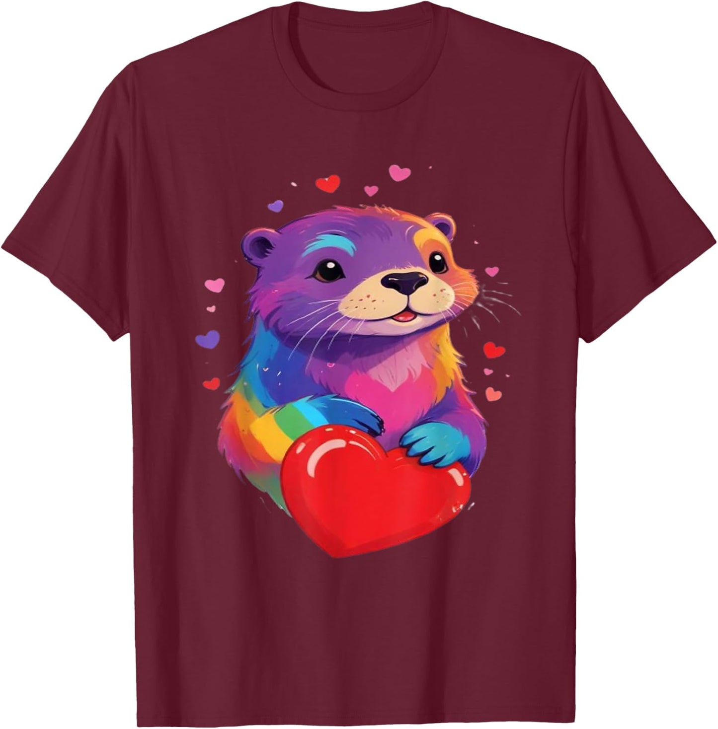 Otter Shirt - Otter Print Colorful Heart , Black, S T-Shirt - T-Shirt | Maroon