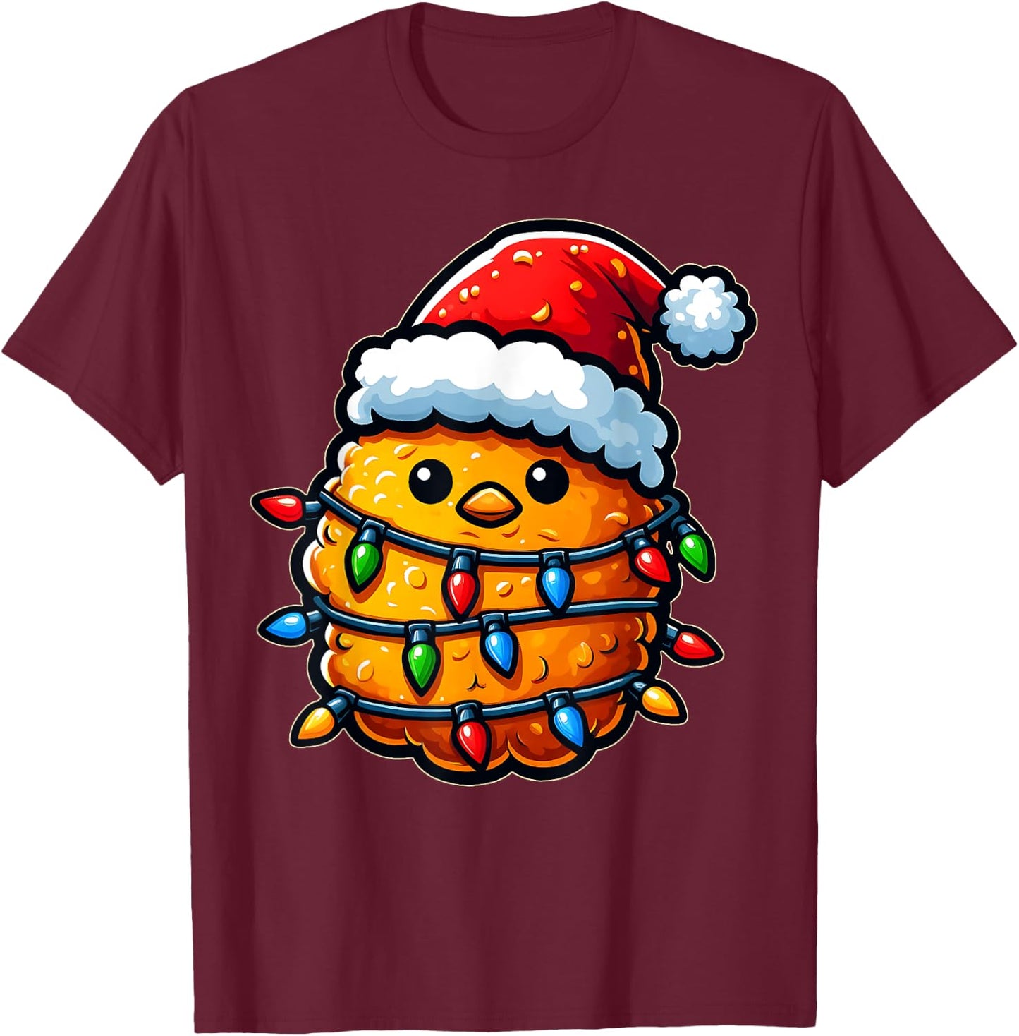 Cute Kawaii Chicken Nugget Nug Xmas Christmas Hat - -Adults, -Kids - Black - Small - Short Sleeve T-Shirt - T-Shirt | Maroon