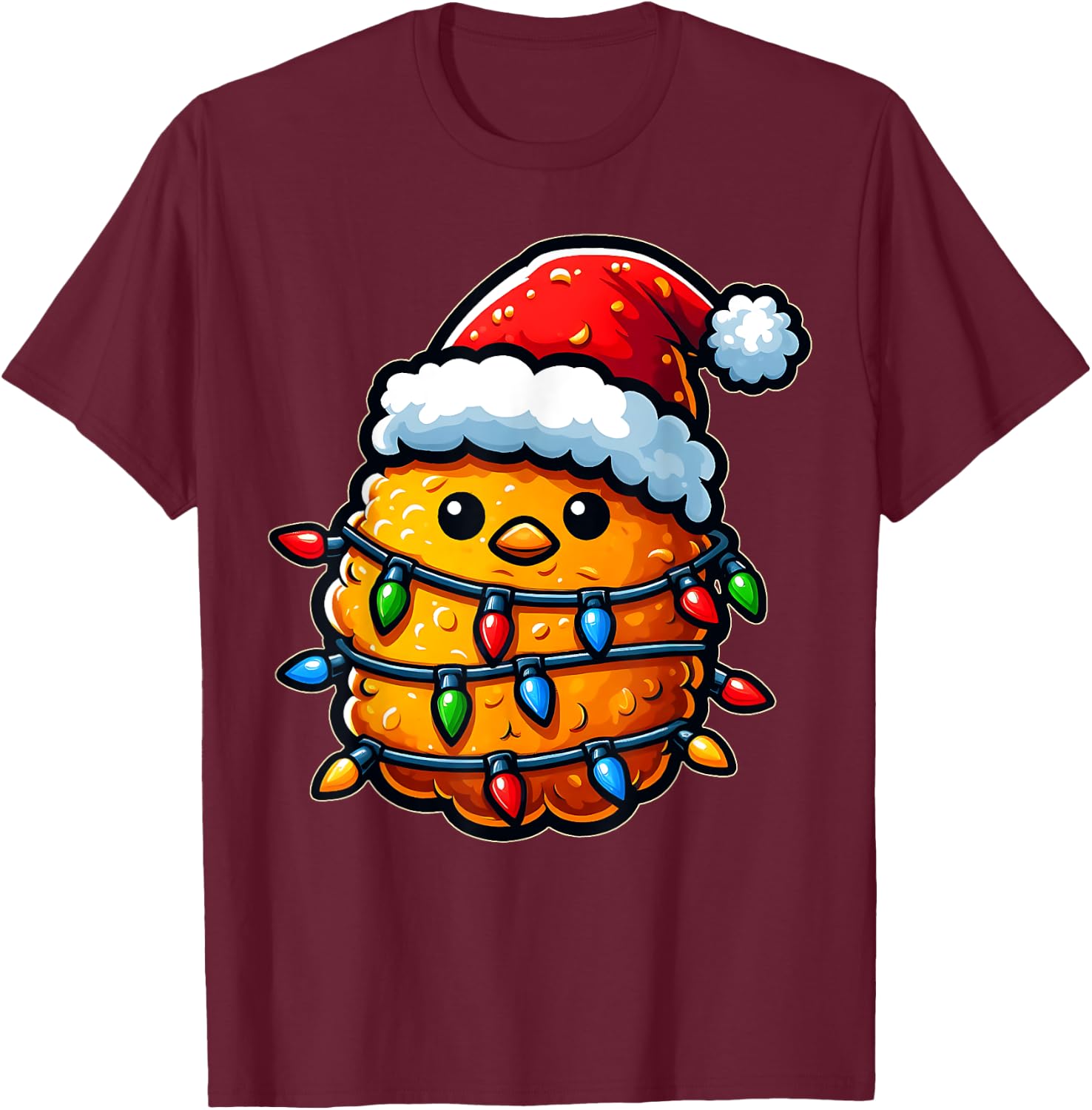 Cute Kawaii Chicken Nugget Nug Xmas Christmas Hat - -Adults, -Kids - Black - Small - Short Sleeve T-Shirt - T-Shirt | Maroon