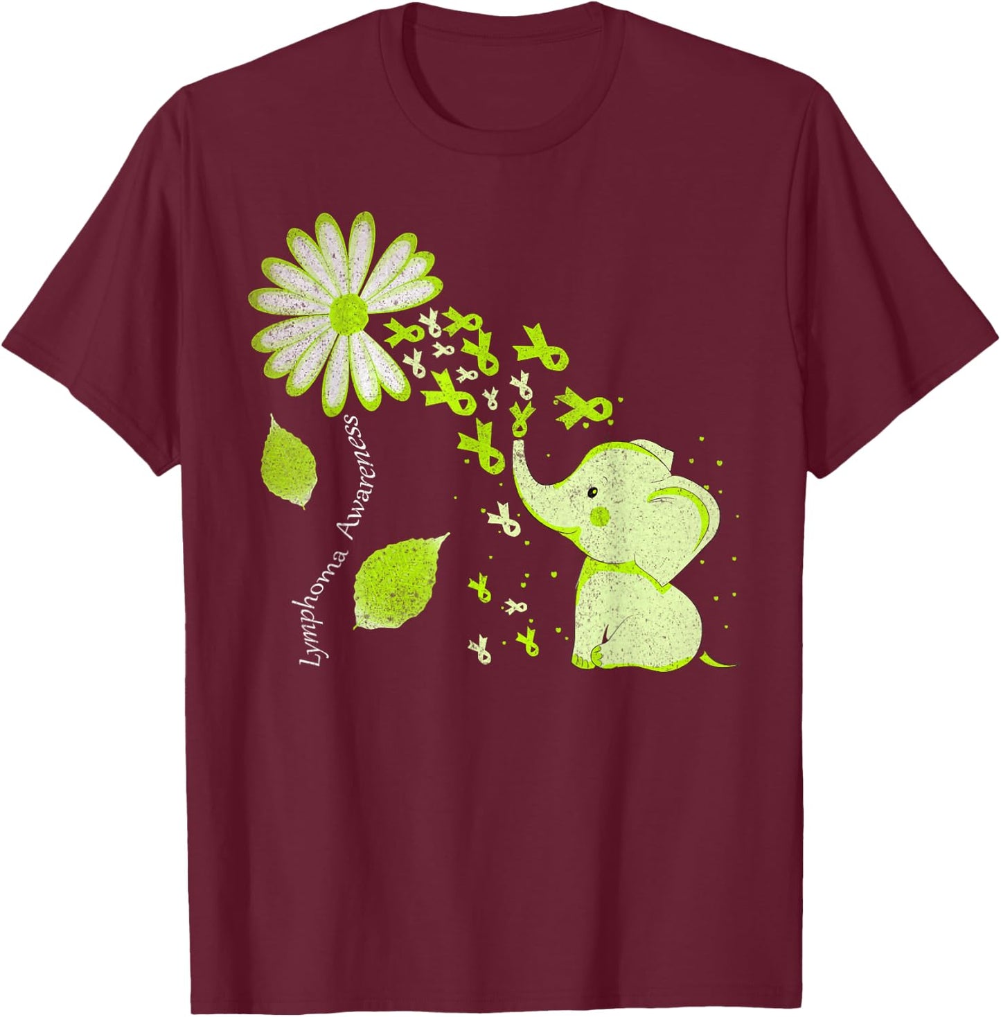 Daisy Flower Lime Green Elephant Lymphoma Awareness T-Shirt - T-Shirt | Maroon