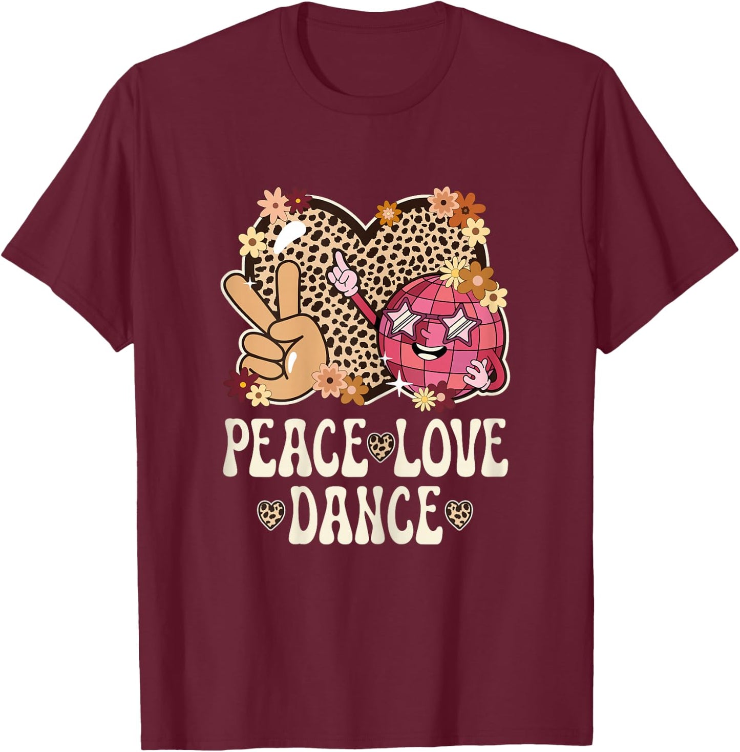 Peace Love Dance Lover Cheetah Print Women Girl Cute Dancing T-Shirt - T-Shirt | Maroon