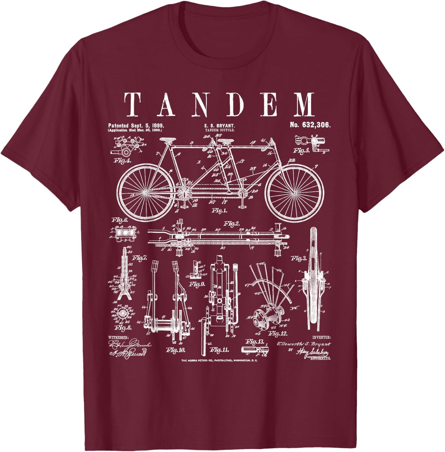 Tandem Bicycle Cycling Cyclist Biker Bike Vintage Patent T-Shirt - T-Shirt | Maroon