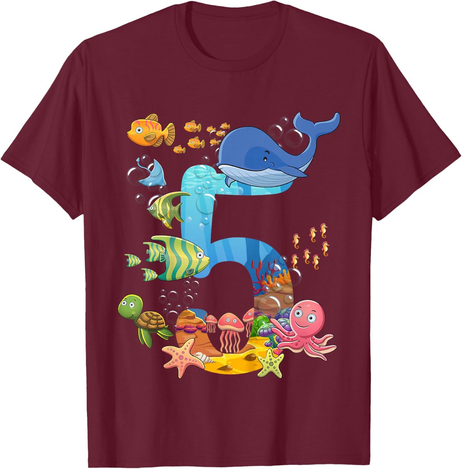 5 Years Old Sea Fish Ocean Animal 5th Birthday Boy Girl T-Shirt - T-Shirt | Maroon
