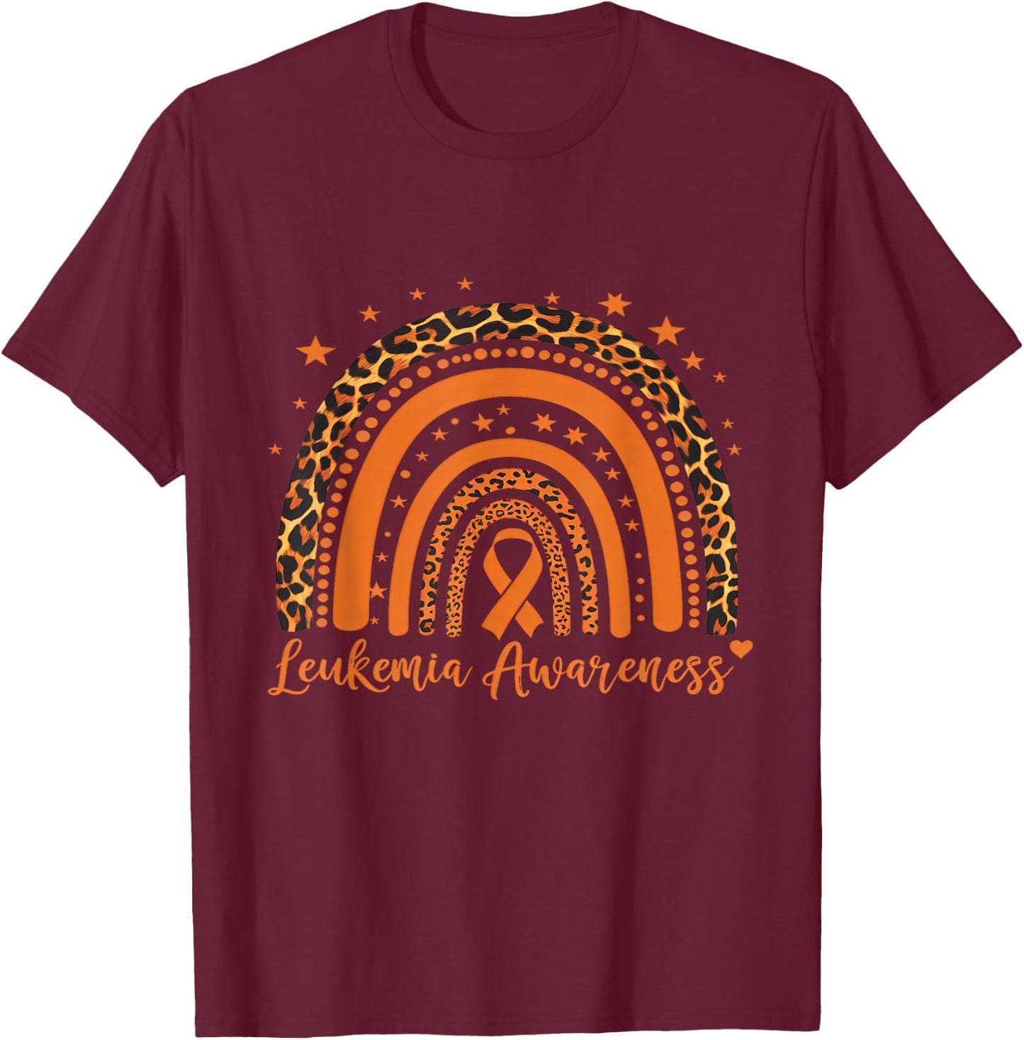 Leukemia Cancer Awareness Leopard Orange Ribbon Rainbow T-Shirt - T-Shirt | Maroon