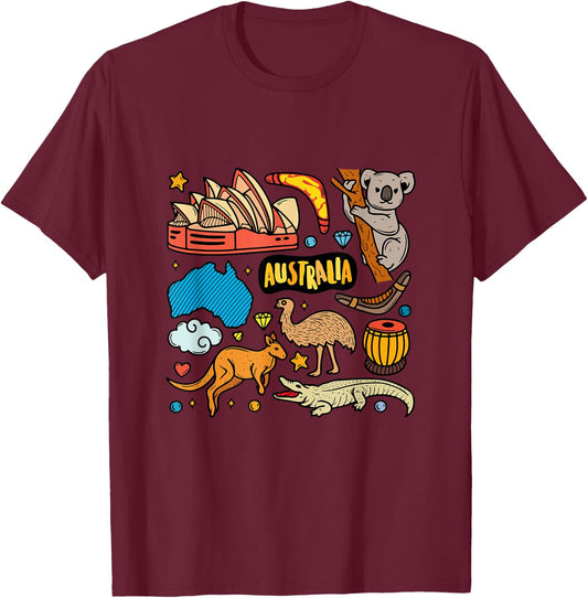 Australian Animals And Famous Tourism Icons Australia Travel T-Shirt - T-Shirt | Maroon