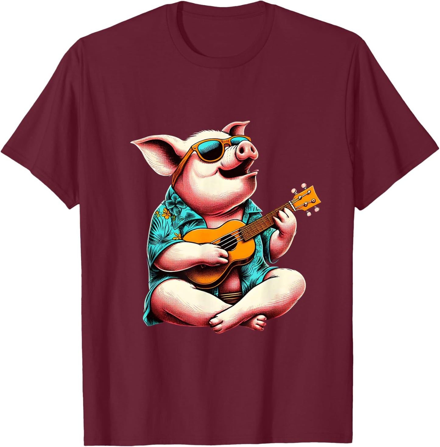 Pig Wearing a Hawaiian Shirt, Playing a Ukulele T-Shirt - T-Shirt | Maroon