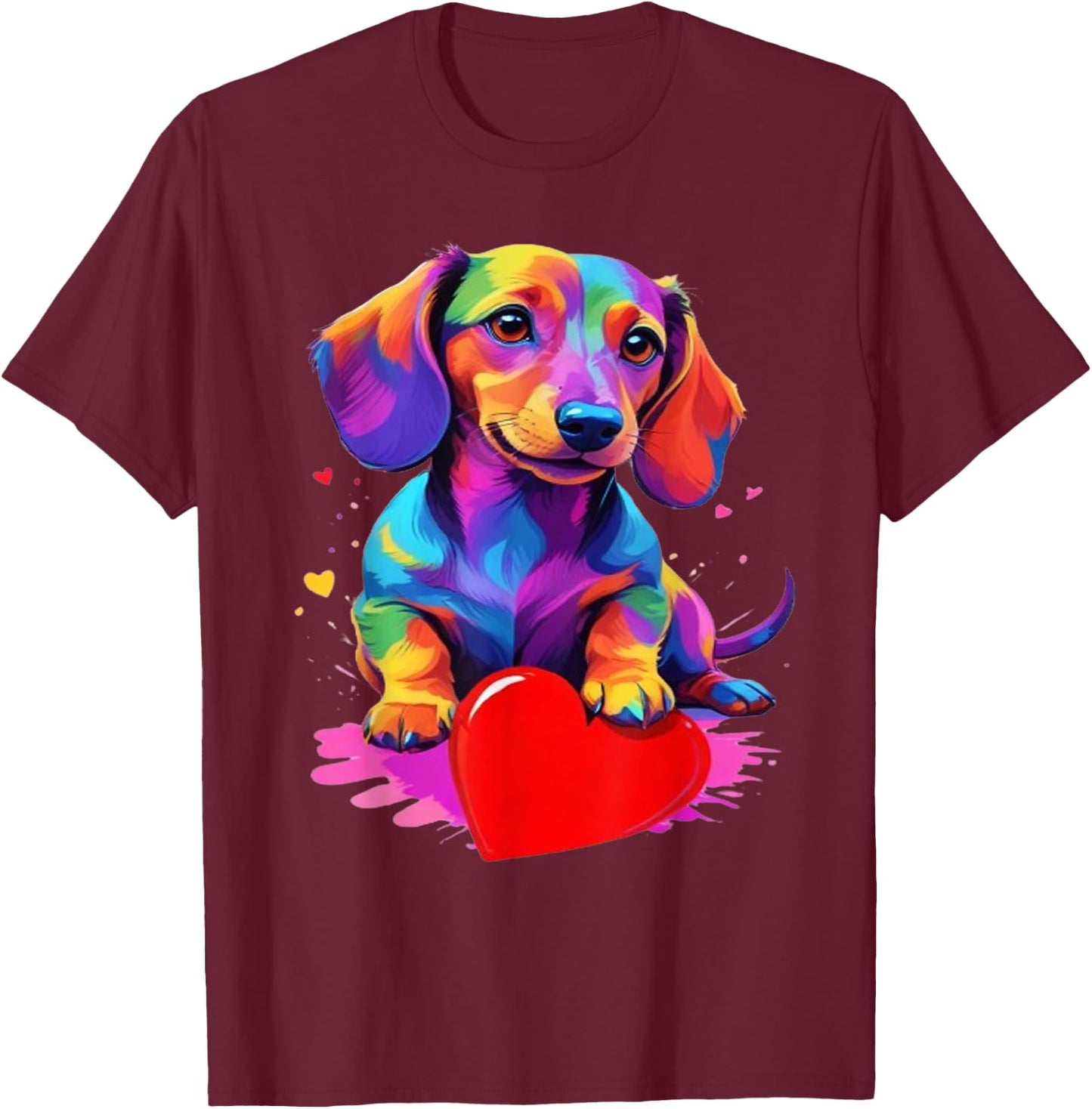 Dachshund Shirt - Colourful Dachshund Heart Graphic , black T-Shirt - T-Shirt | Maroon