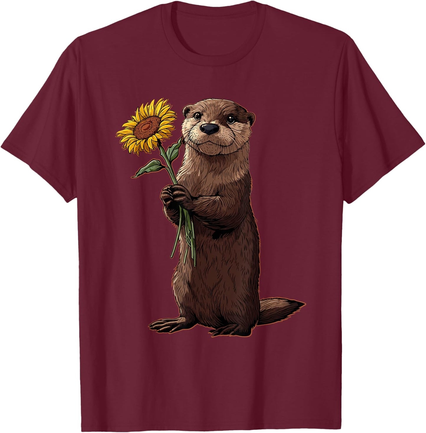 Otter Holding Sunflower Cute Animal Lover T-Shirt - T-Shirt | Maroon