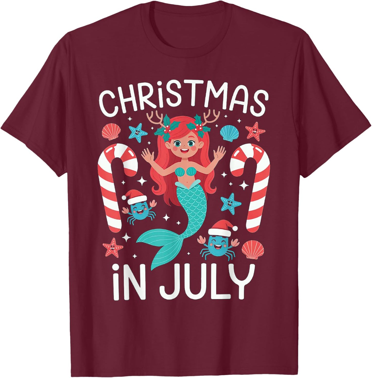 Christmas In July Cute Mermaid Summer T-Shirt - T-Shirt | Maroon