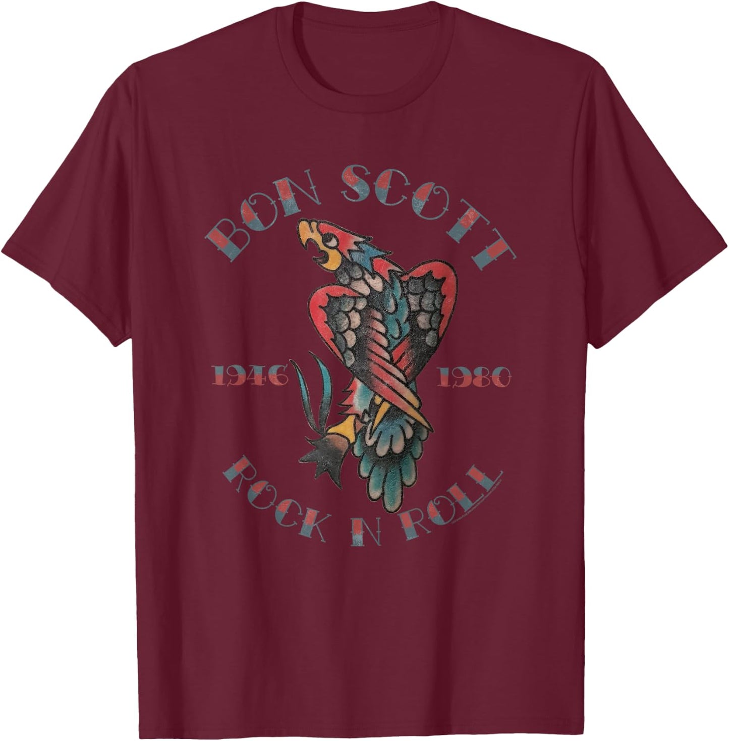 Bon Scott Rock N Roll Tattoo 1946-1980 T-Shirt - T-Shirt | Maroon