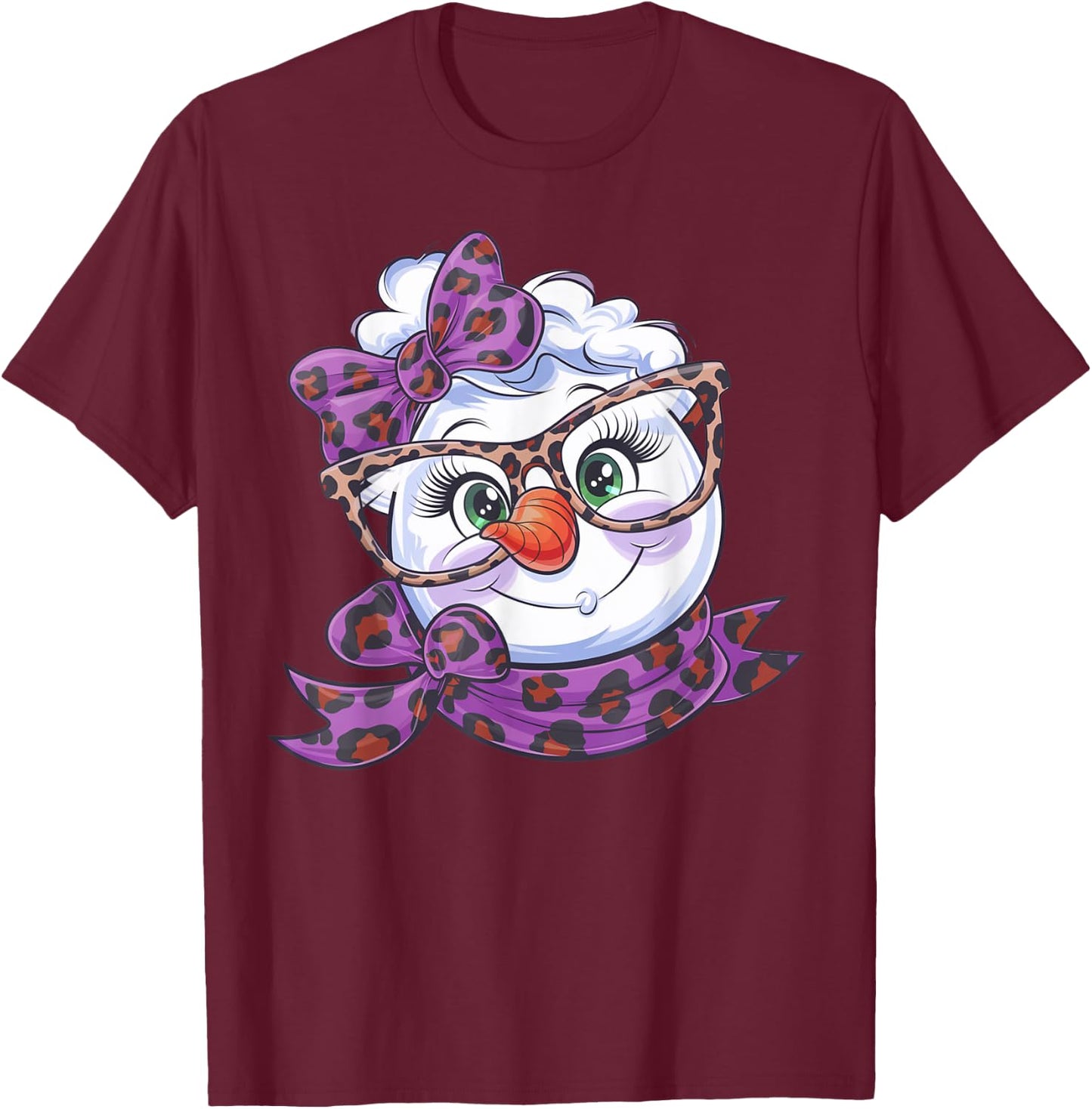Winter Snowman Face Leopard Bow Eyelashes Black Classic Fit Short Sleeve XS T-Shirt - T-Shirt | Maroon