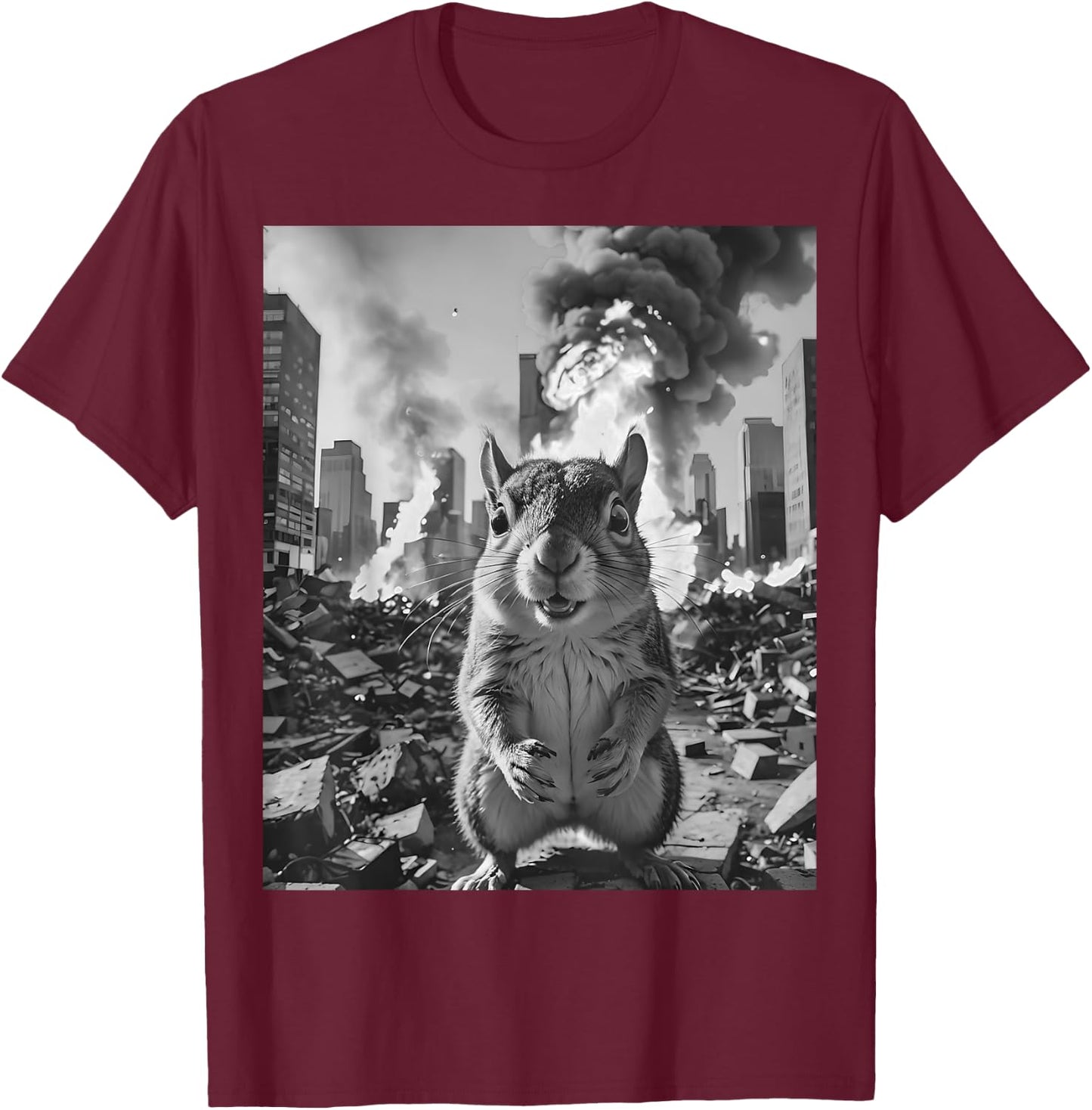 Funny Graphic Crazy Squirrel Selfie Destroying City T-Shirt - T-Shirt | Maroon