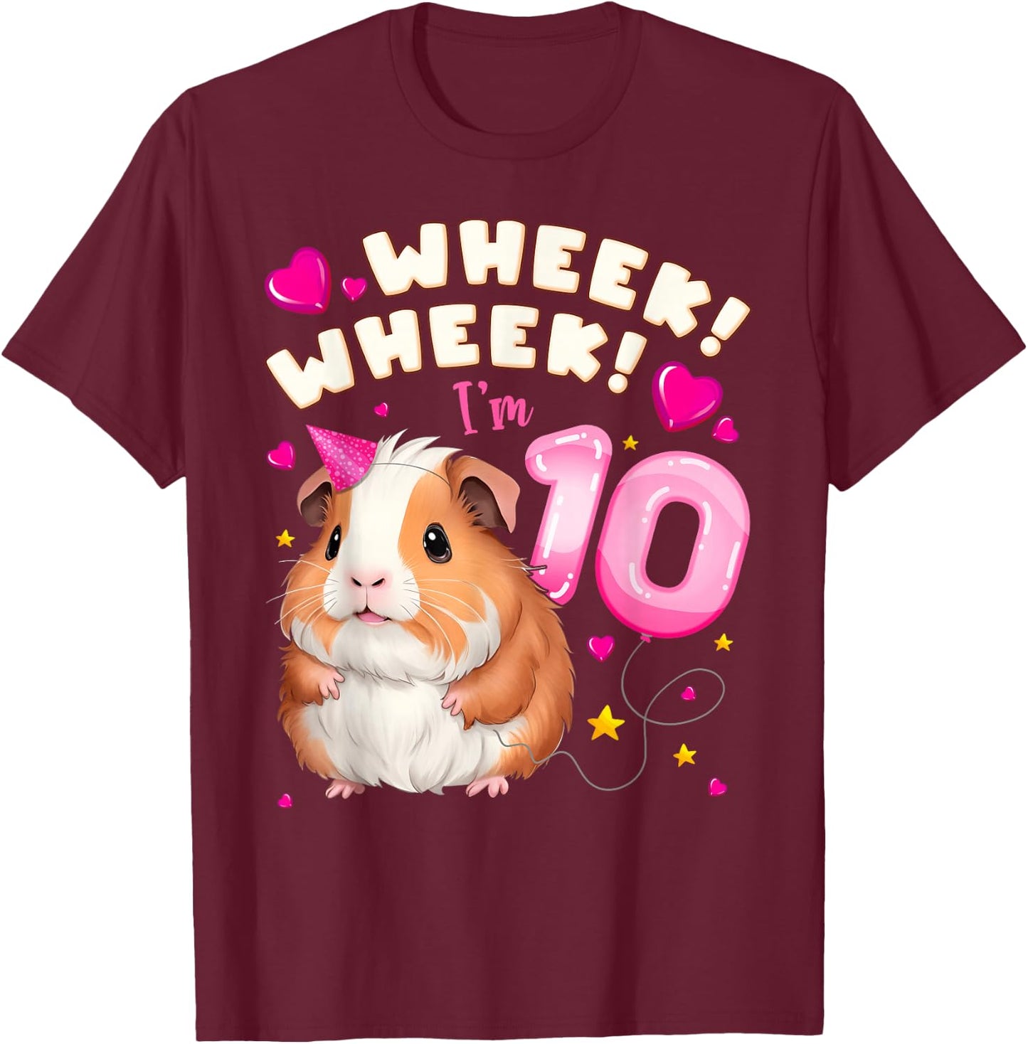 10th Birthday Girl 10 Years, Guinea Pig and Big Number 10 T-Shirt - T-Shirt | Maroon