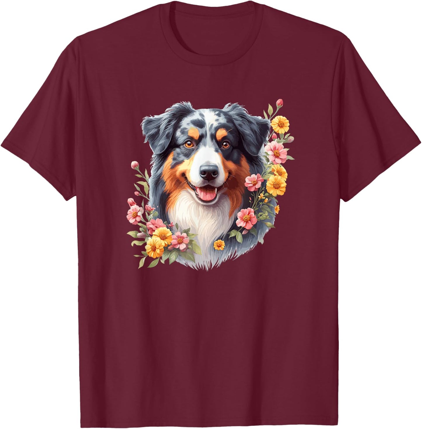 Cute Flowers Funny Floral Watercolor Blue Merle Aussie Lover T-Shirt - T-Shirt | Maroon