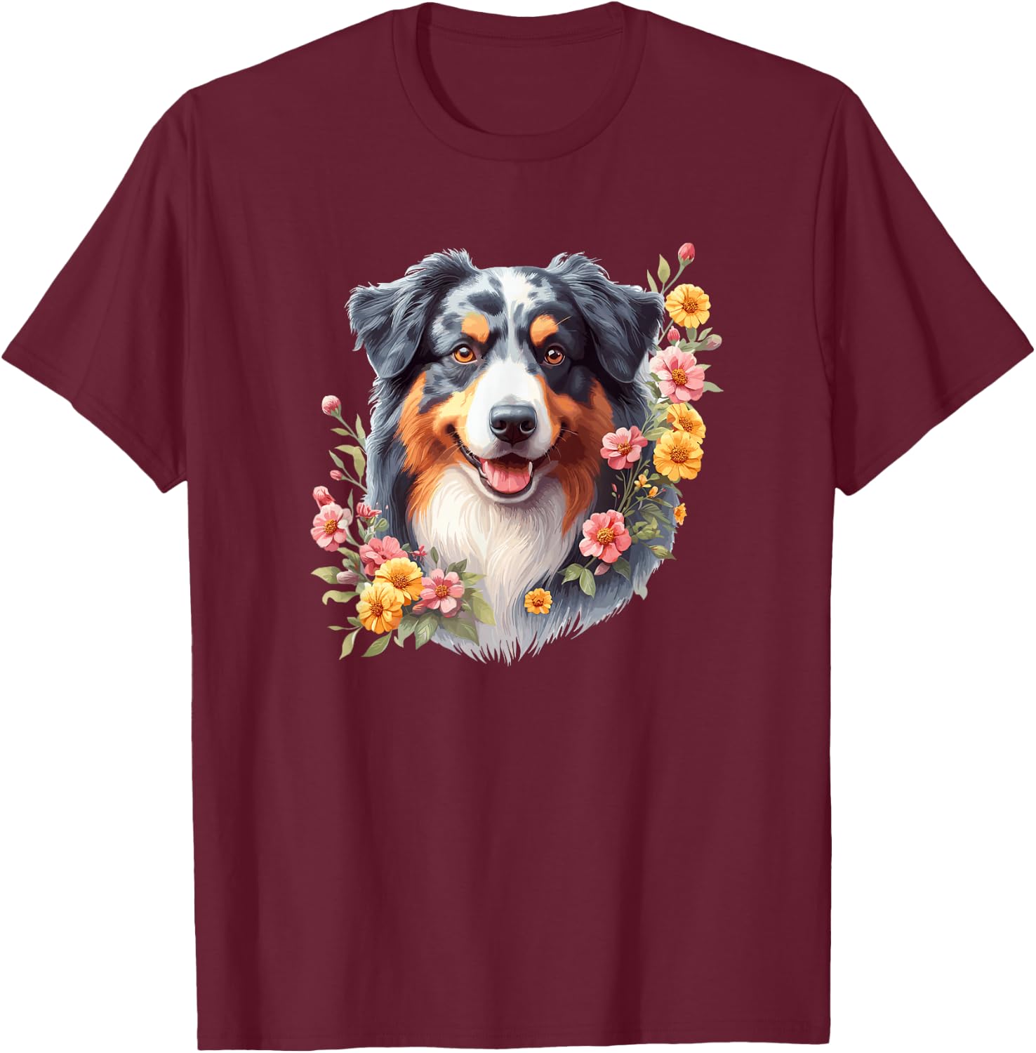 Cute Flowers Funny Floral Watercolor Blue Merle Aussie Lover T-Shirt - T-Shirt | Maroon